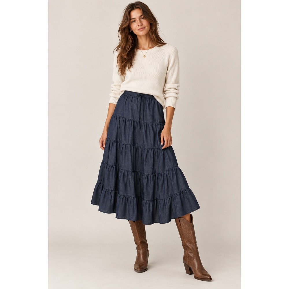 Papermoon Tiered Chambray Maxi Skirt Blue Small Boho Western Elastic Waist